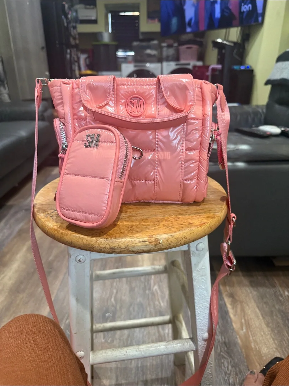 Pink Quilted Crossbody Bag with Detachable Pouch